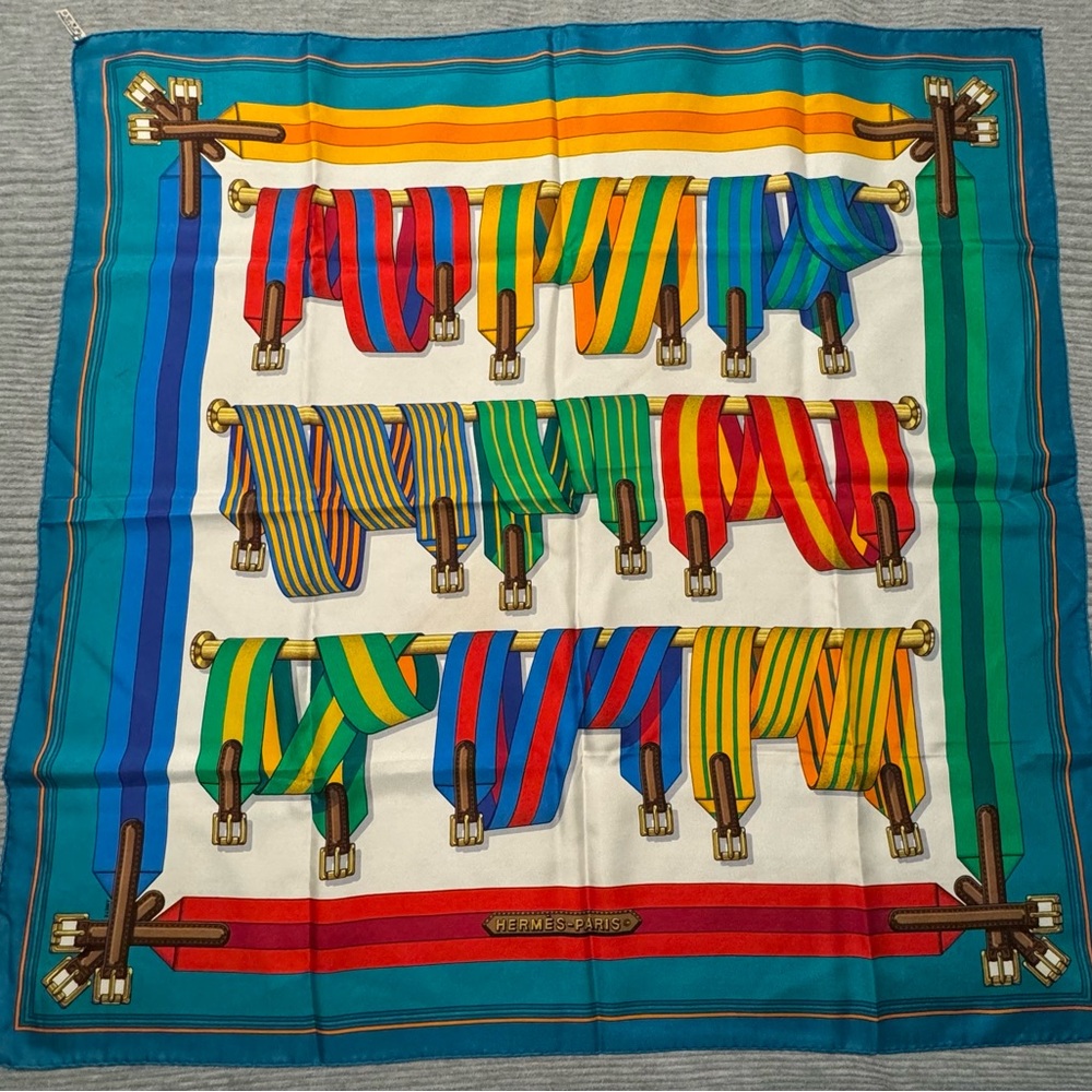 Vintage Hermès Belt print 1985 by Joachim Met Multi-Color Silk Scarf